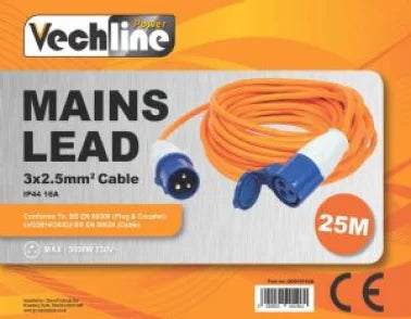 Vechline 25m Mains Extension Lead – 230V 16A IP44 Rated Cable-Electrical-Vechline- DC Leisure