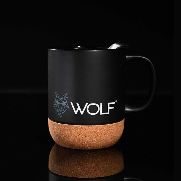 Wolf Outdoors Ceramic Mug with Lid and Cork Base – Black, 400ml, Insulated Coffee Mug-Mugs-Wolf- DC Leisure
