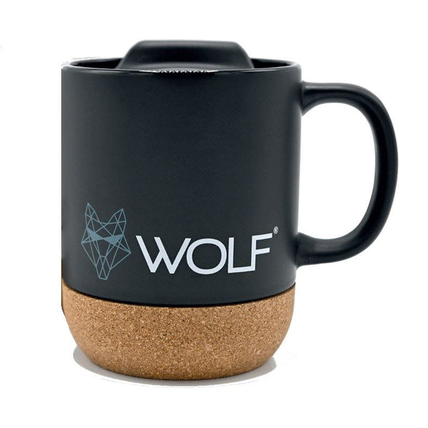 Wolf Outdoors Ceramic Mug with Lid and Cork Base – Black, 400ml, Insulated Coffee Mug-Mugs-Wolf- DC Leisure