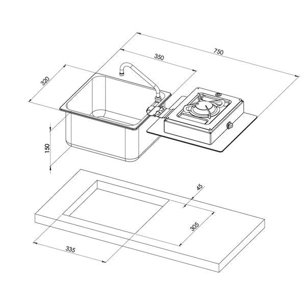 CAN Foldy Hob & Sink Single Burner Unit with Glass Lid (350 x 320 mm)-Combination Unit-CAN- DC Leisure