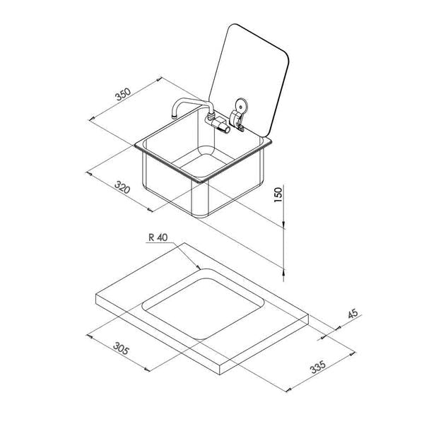 CAN LR1760 Sink with Glass Lid, Tap & Waste 350 x 320mm-Sinks-CAN-LR1760/CAN LP1800- DC Leisure