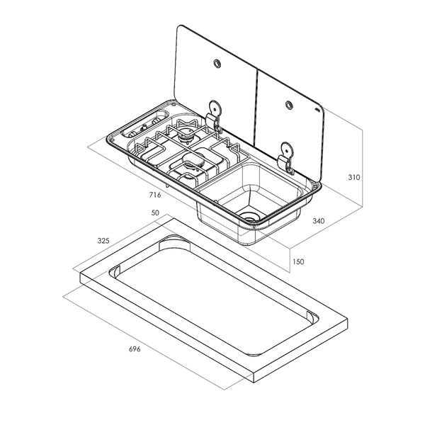 CAN Randi FL1401 Combination Hob & Right-Hand Sink Unit – Twin Glass Lids, 2 Burners-Hobs & Combination Units-CAN- DC Leisure