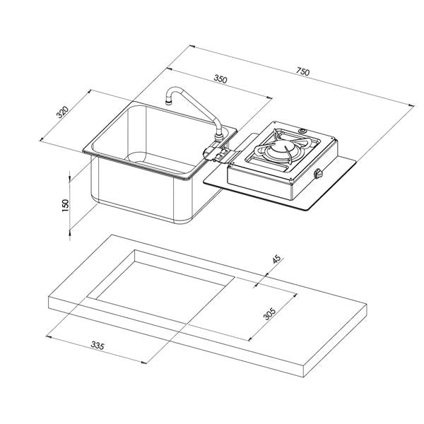 CAN Foldy Hob & Sink Single Burner Unit with Glass Lid (350 x 320 mm)